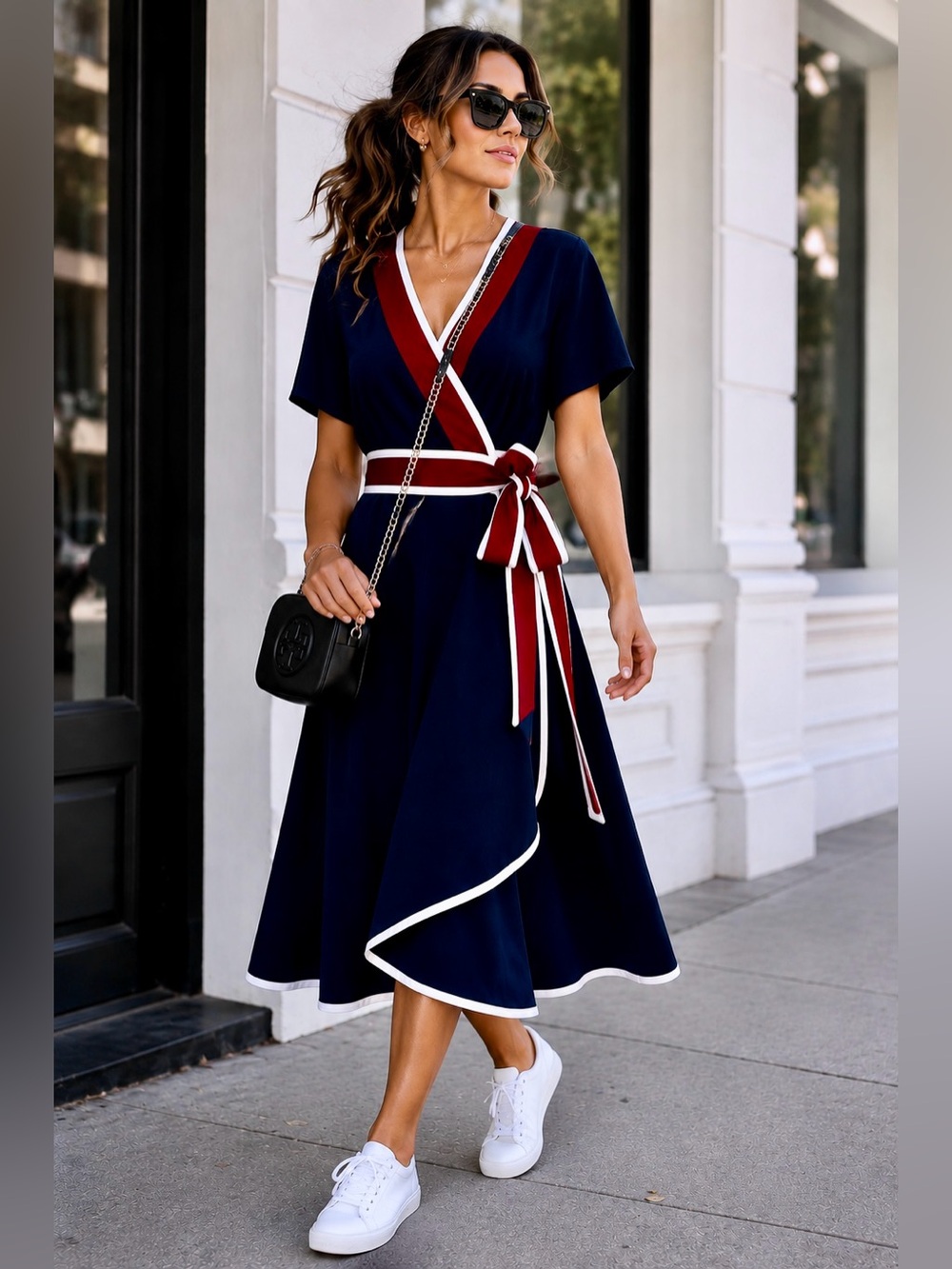 Tory Burch Peggy Wrap Dress Navy Red White Striped Trim Sz 10 EUC - Picture 8 of 11